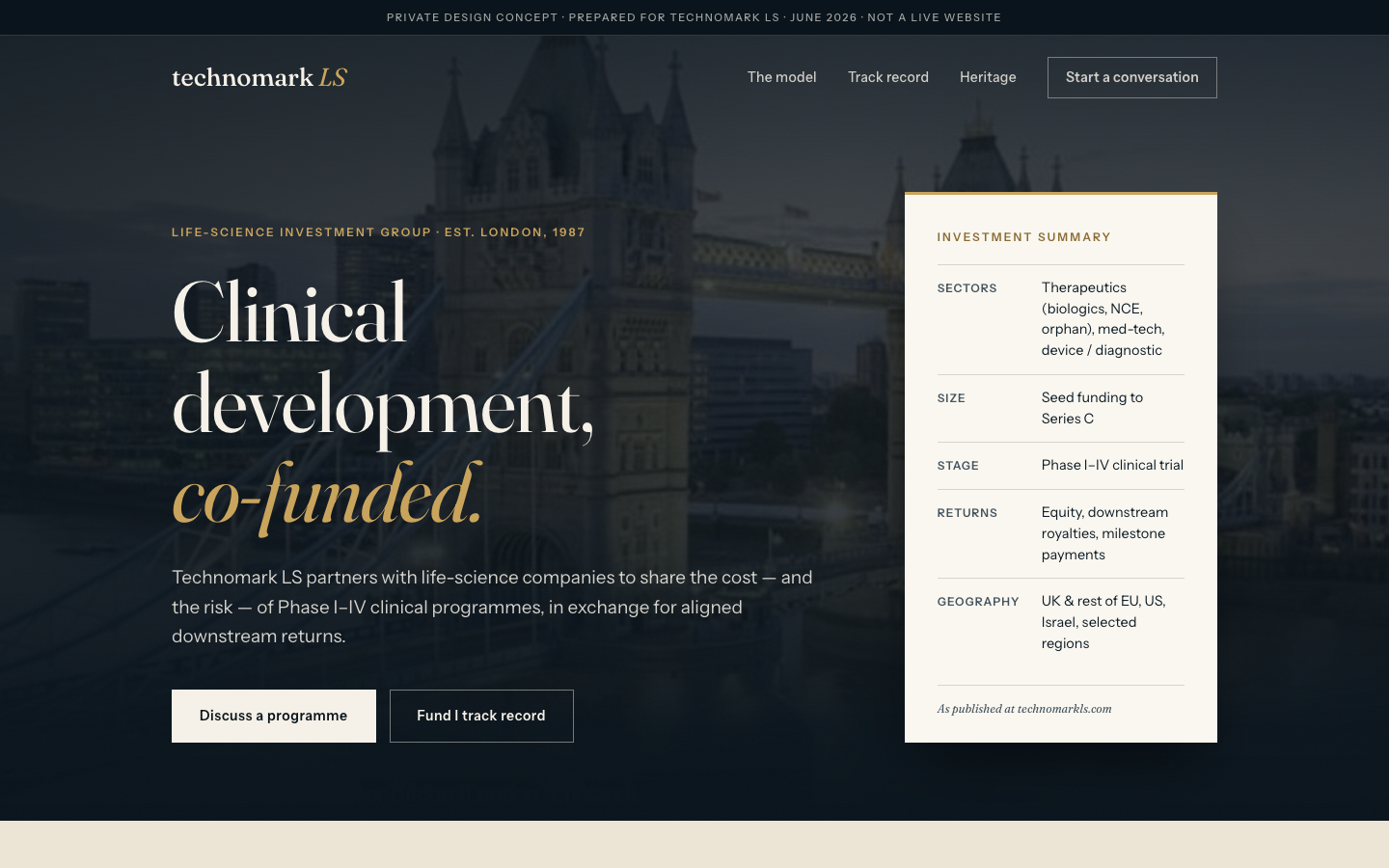 Screenshot preview of the Technomark LS homepage concept (Variant A)